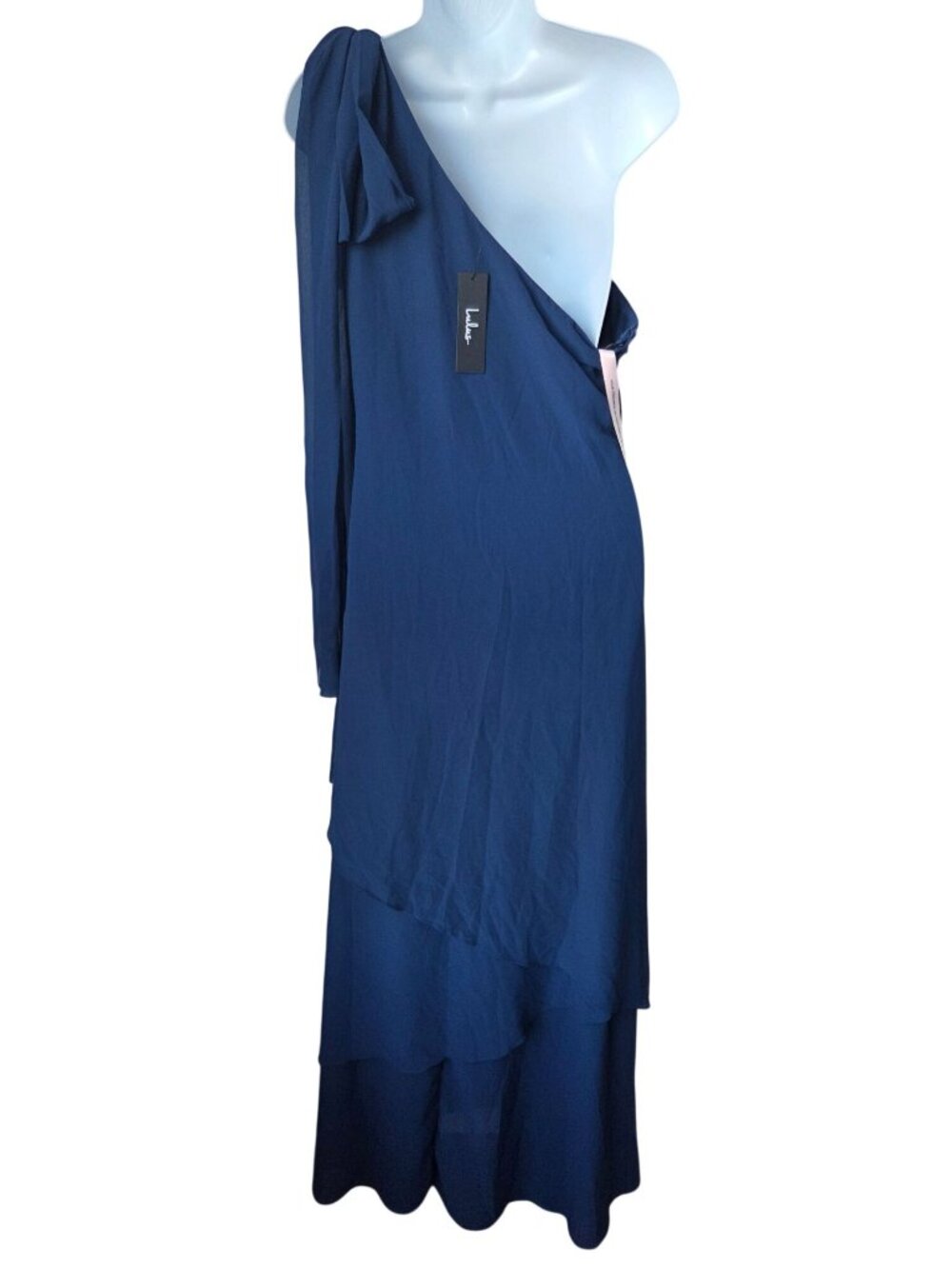 Lulus Camellia Dark Blue One Shoulder Bow Maxi Dress Large Formal Evening Gown - Picture 6 of 9